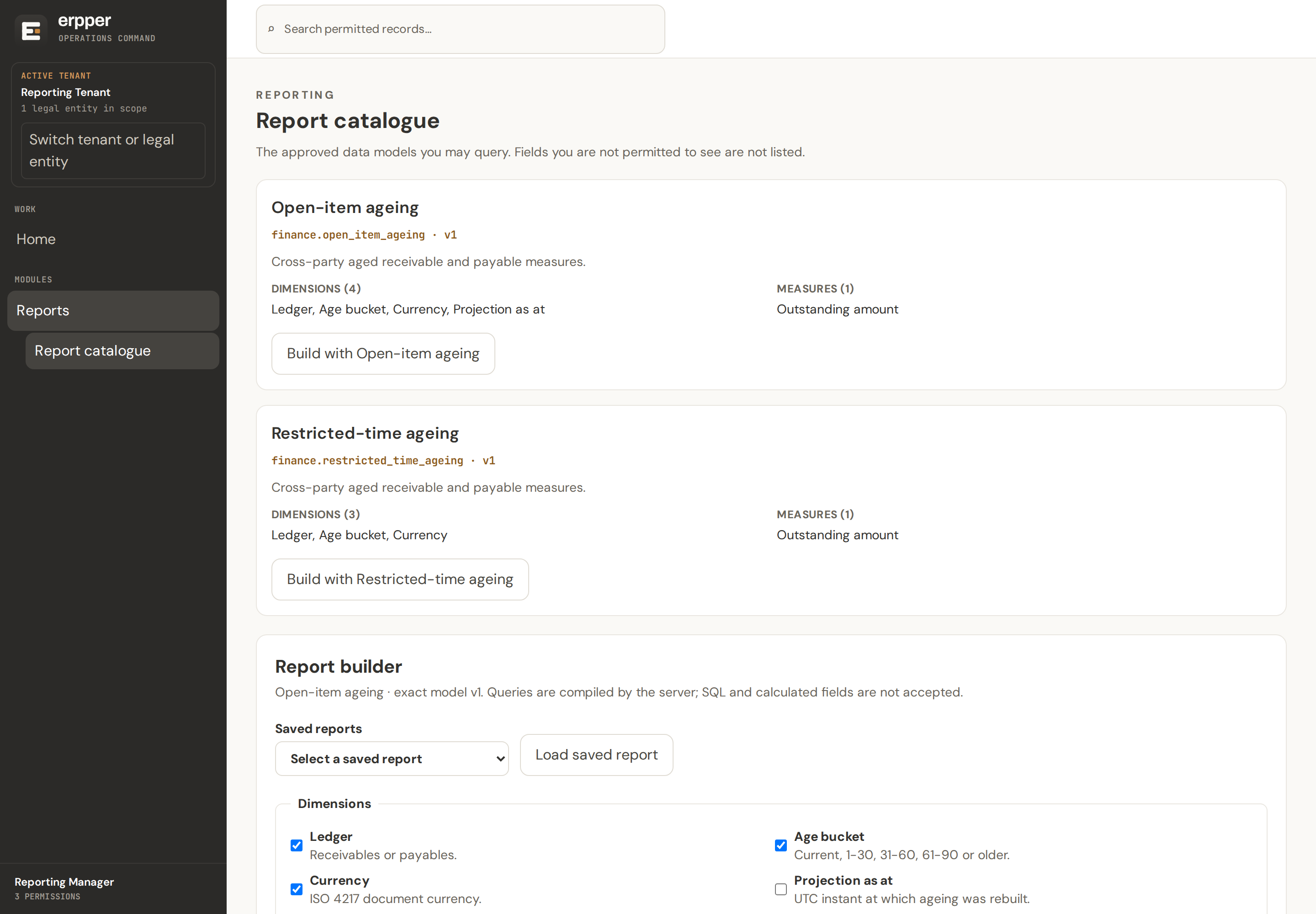 The report catalogue. Two subjects are listed — open-item ageing and restricted-time ageing — each showing the columns and figures available, with a button to build a report from it. Below them the report builder offers tick boxes for ledger, age bucket, currency and projection date.