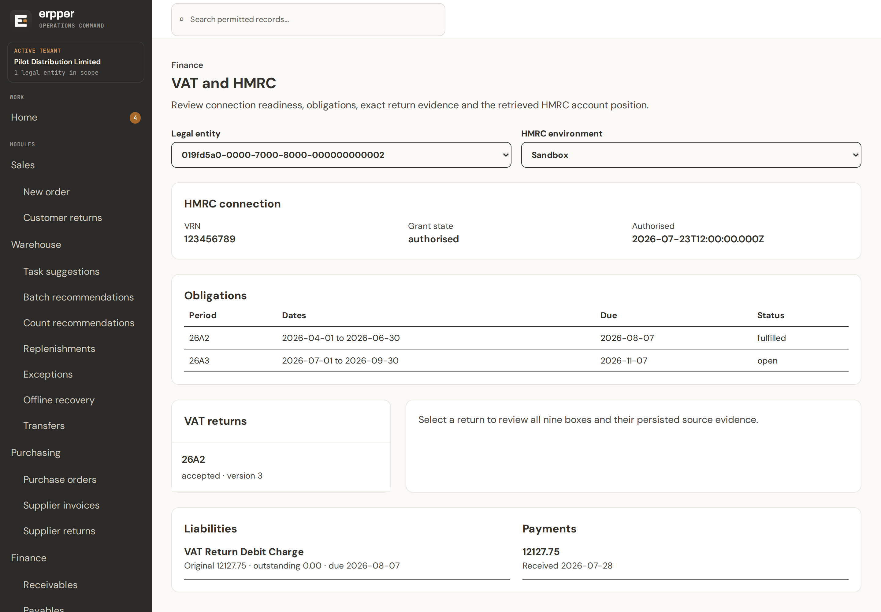 The VAT and HMRC screen. It shows the HMRC connection with the VAT registration number and an authorised grant, a table of obligations with the April-to-June period marked fulfilled and the July-to-September period still open, an accepted VAT return for the fulfilled period, and the liabilities and payments read back from HMRC alongside what was submitted.